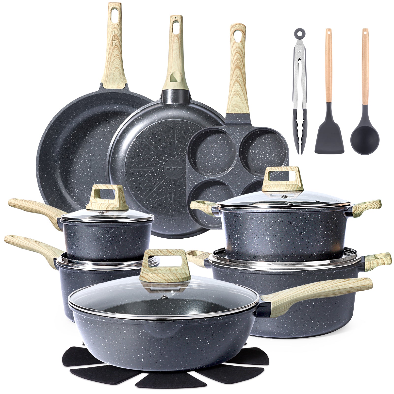 GIPP 22pcs Kitchen Cookware Sets, Ceramic Nonstick Pots and Pans Set,Dishwasher Safe Induction Cookware