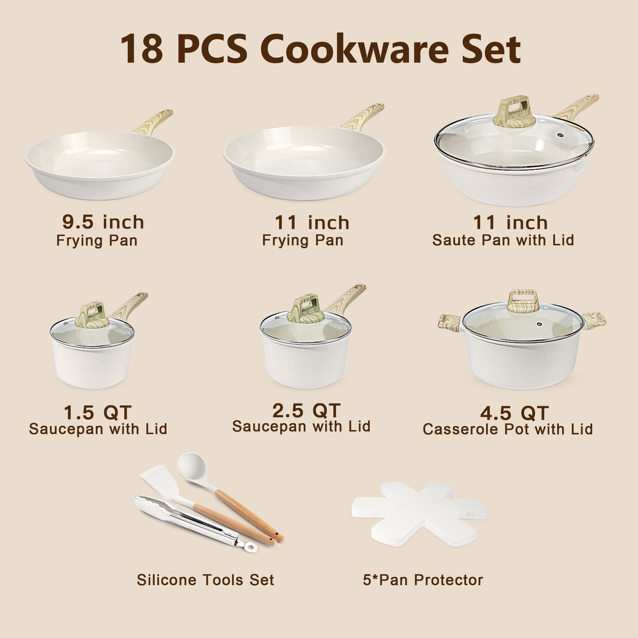 GIPP 18 Piece Kitchen Ceramic Cookware Sets,Pots and Pans Set Non stick ,Dishwasher Safe Induction Compatible, Kitchen Cooking Set