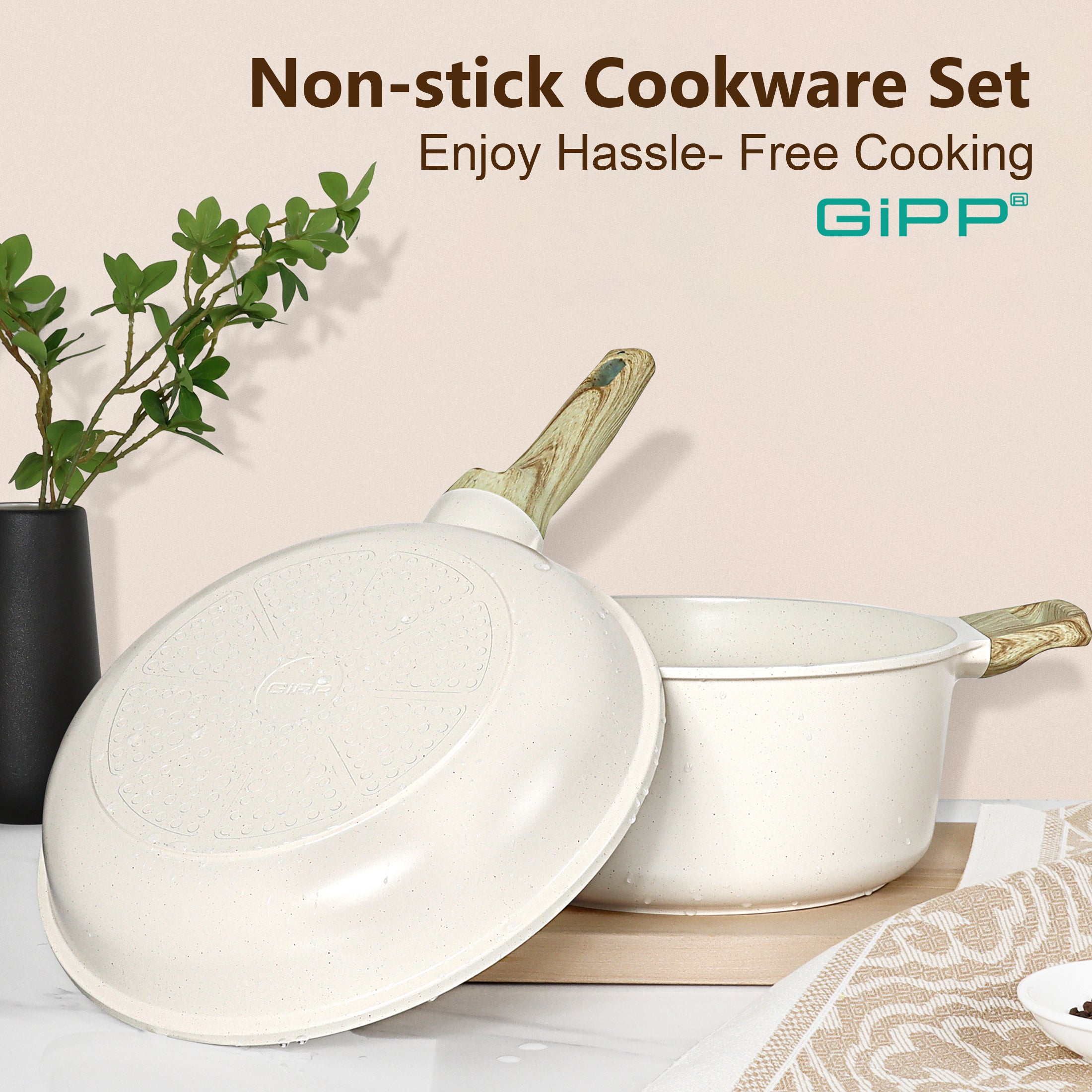 GIPP 22pcs Kitchen Cookware Sets, Ceramic Nonstick Pots and Pans Set,Dishwasher Safe Induction Cookware