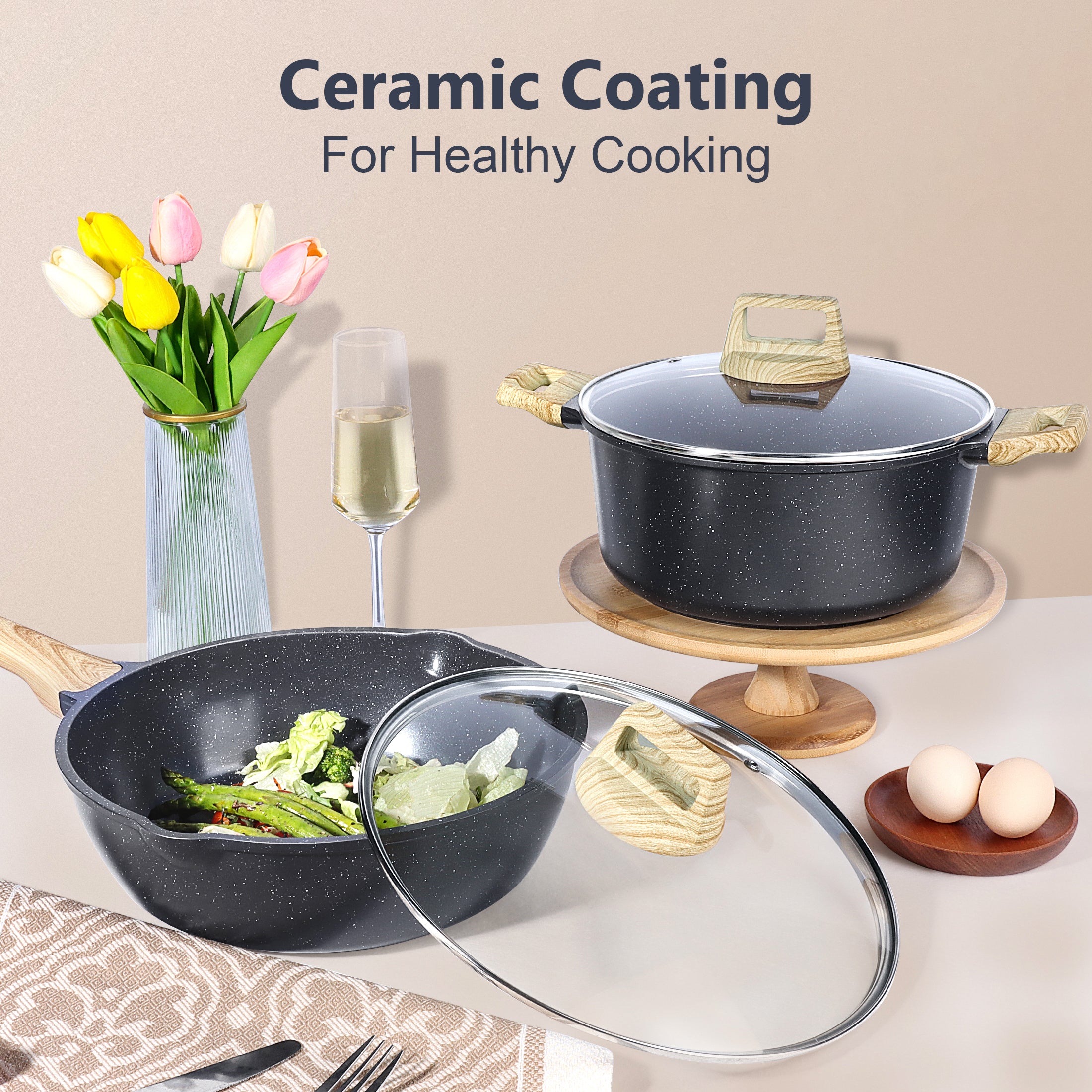 GIPP 22pcs Kitchen Cookware Sets, Ceramic Nonstick Pots and Pans Set,Dishwasher Safe Induction Cookware