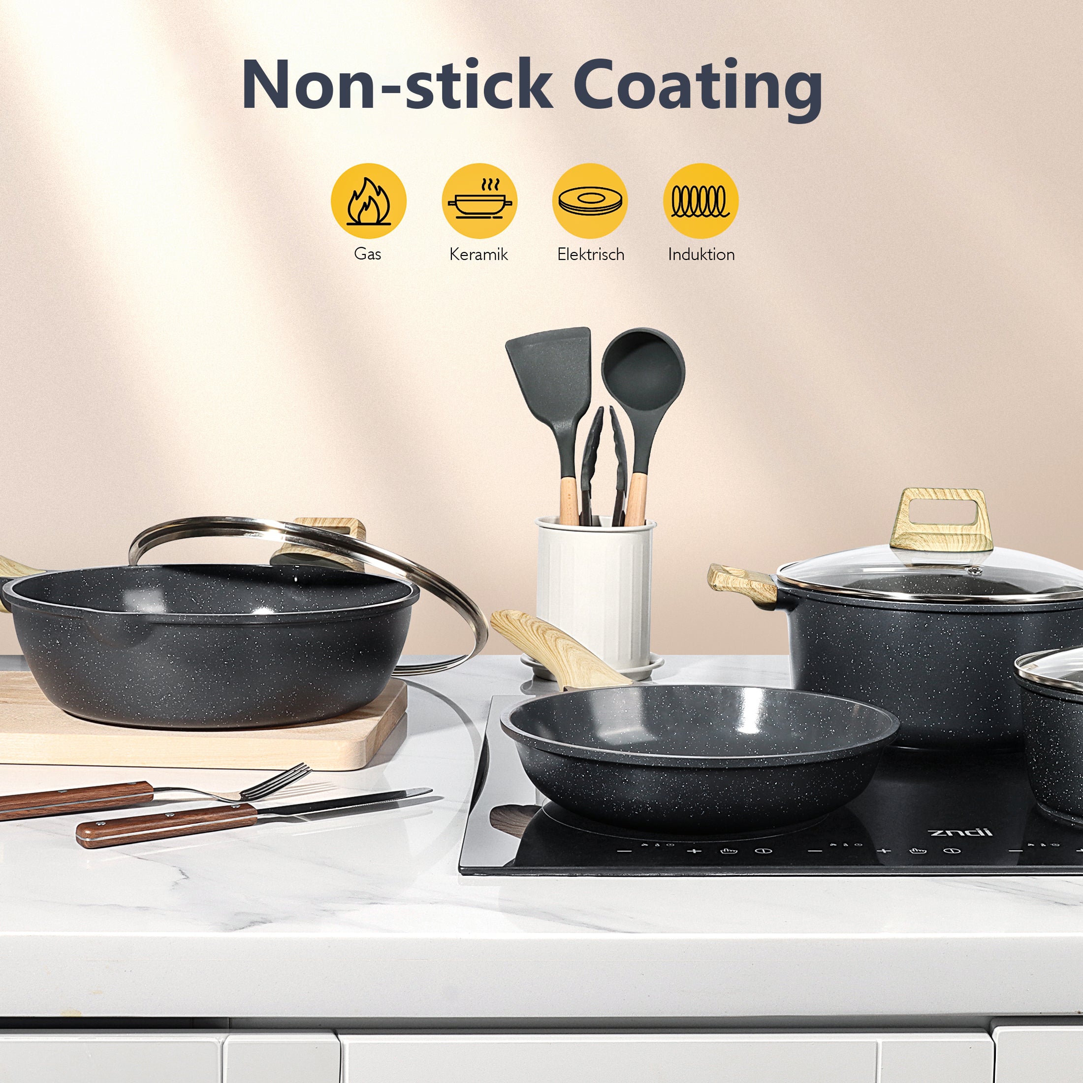 GIPP 18 Piece Kitchen Ceramic Cookware Sets,Pots and Pans Set Non stick ,Dishwasher Safe Induction Compatible, Kitchen Cooking Set