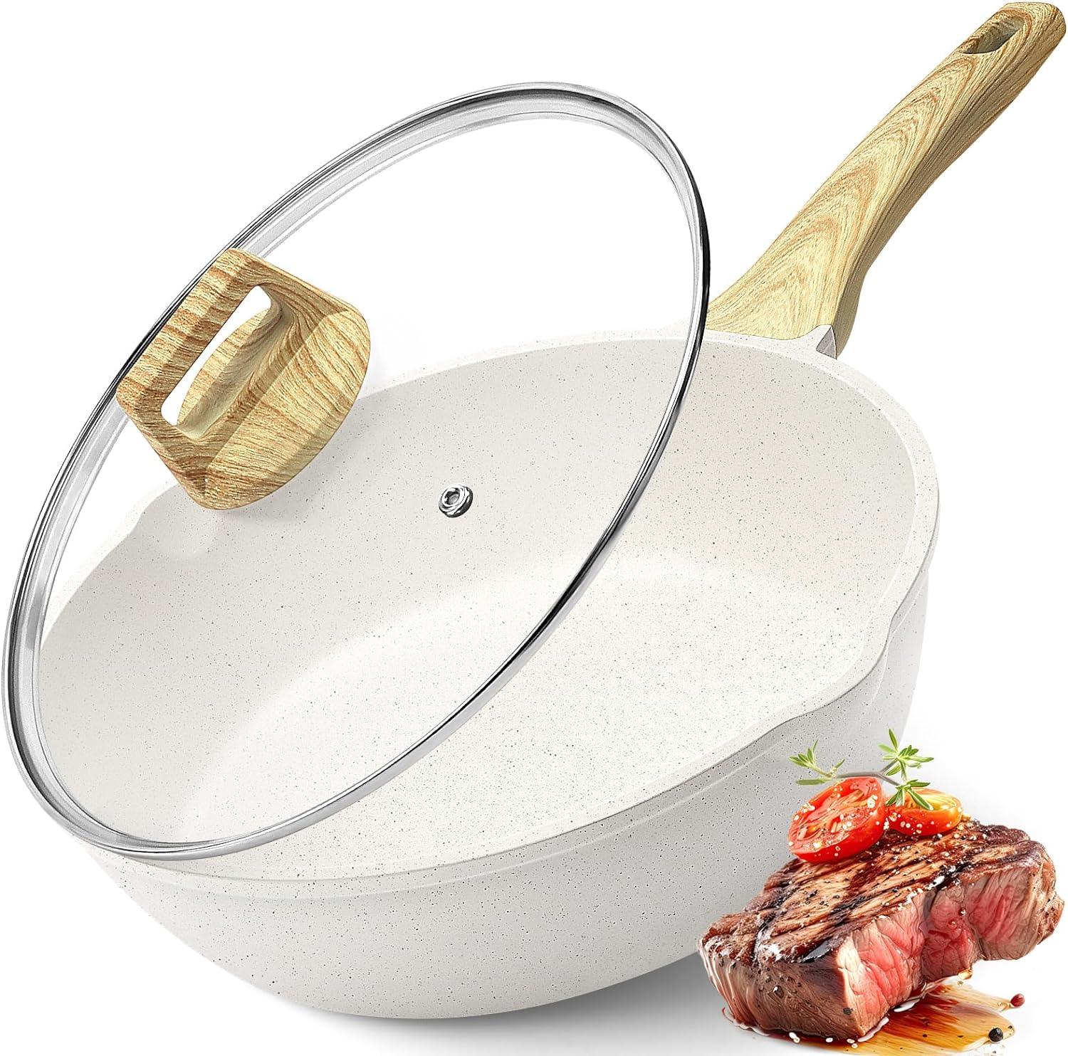 GiPP Nonstick Deep Frying Pan Skillet, 9.5" Saute Pan with Lid, Granite Induction Cookware Non Stick Cooking Pan, PFOA PFOS APEO Free, White - GiPP Kitchenware