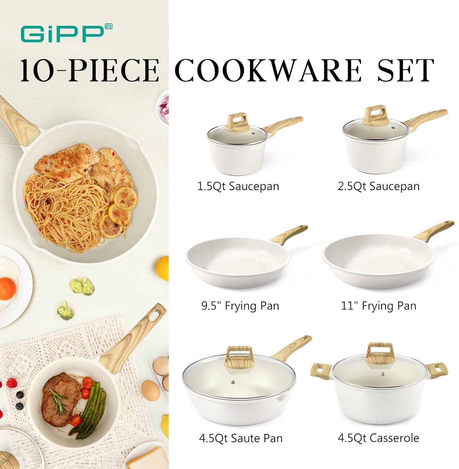 GiPP Pots and Pans Set Non Stick - 10 Pcs White Granite Kitchen Cookware Sets Nonstick Induction Cookware Non-toxic Cooking Pan Set with Lids, PFOS and PFOA Free - GiPP Kitchenware