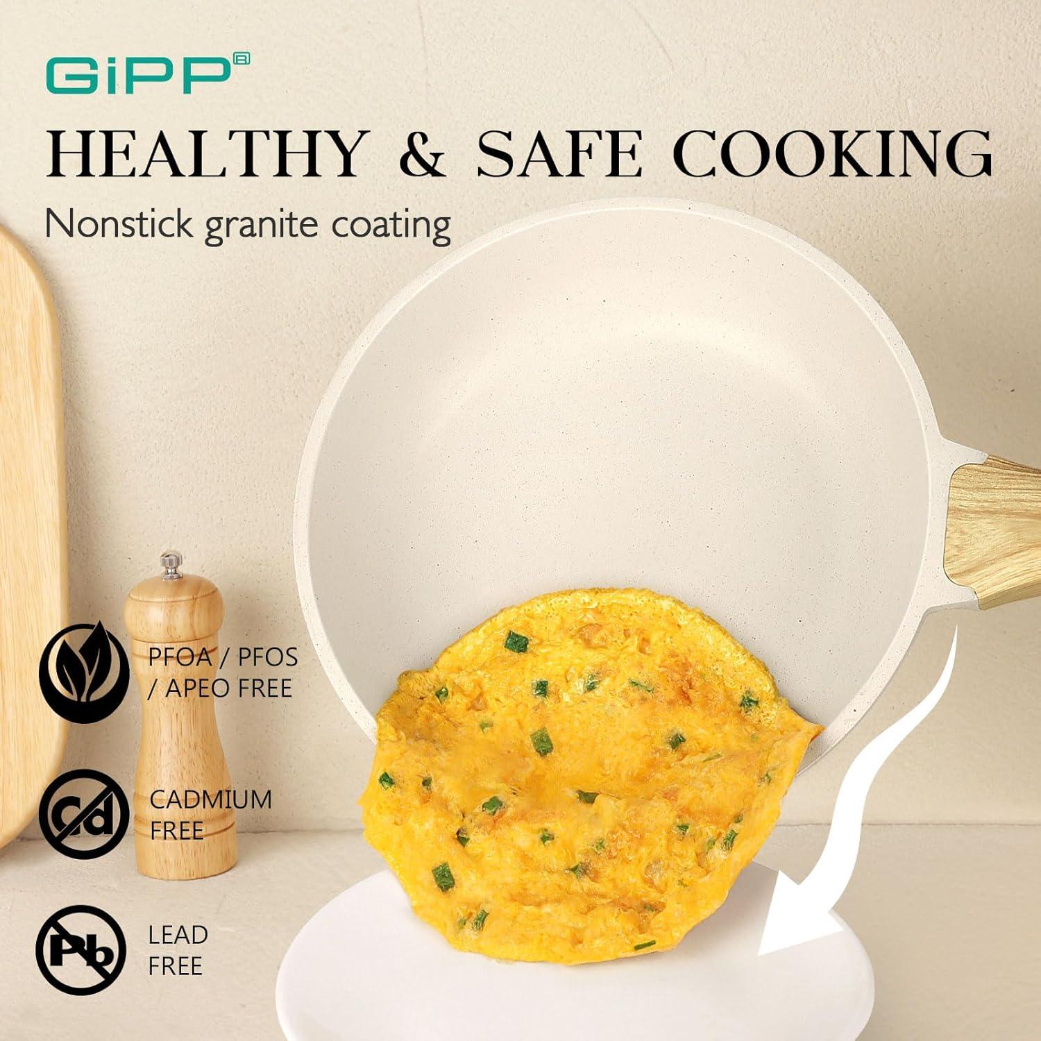 GiPP Pots and Pans Set Non Stick - 10 Pcs White Granite Kitchen Cookware Sets Nonstick Induction Cookware Non-toxic Cooking Pan Set with Lids, PFOS and PFOA Free - GiPP Kitchenware