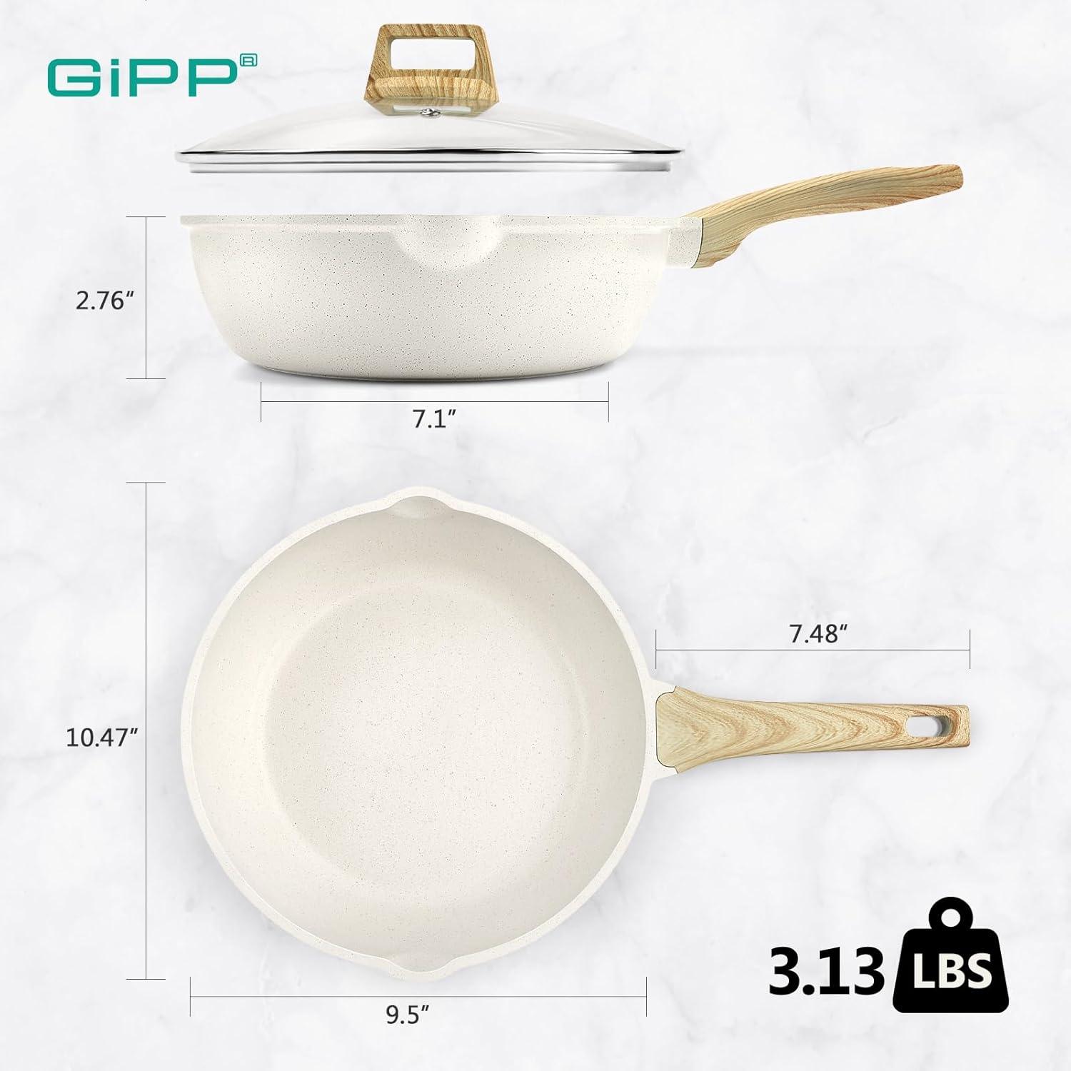 GiPP Nonstick Deep Frying Pan Skillet, 9.5" Saute Pan with Lid, Granite Induction Cookware Non Stick Cooking Pan, PFOA PFOS APEO Free, White - GiPP Kitchenware