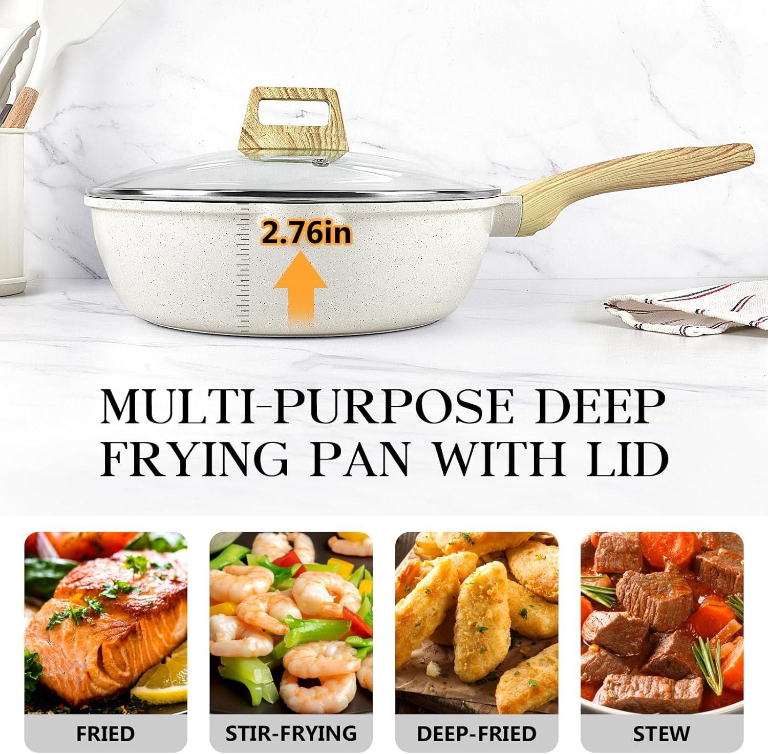 GiPP Nonstick Deep Frying Pan Skillet, 9.5" Saute Pan with Lid, Granite Induction Cookware Non Stick Cooking Pan, PFOA PFOS APEO Free, White - GiPP Kitchenware