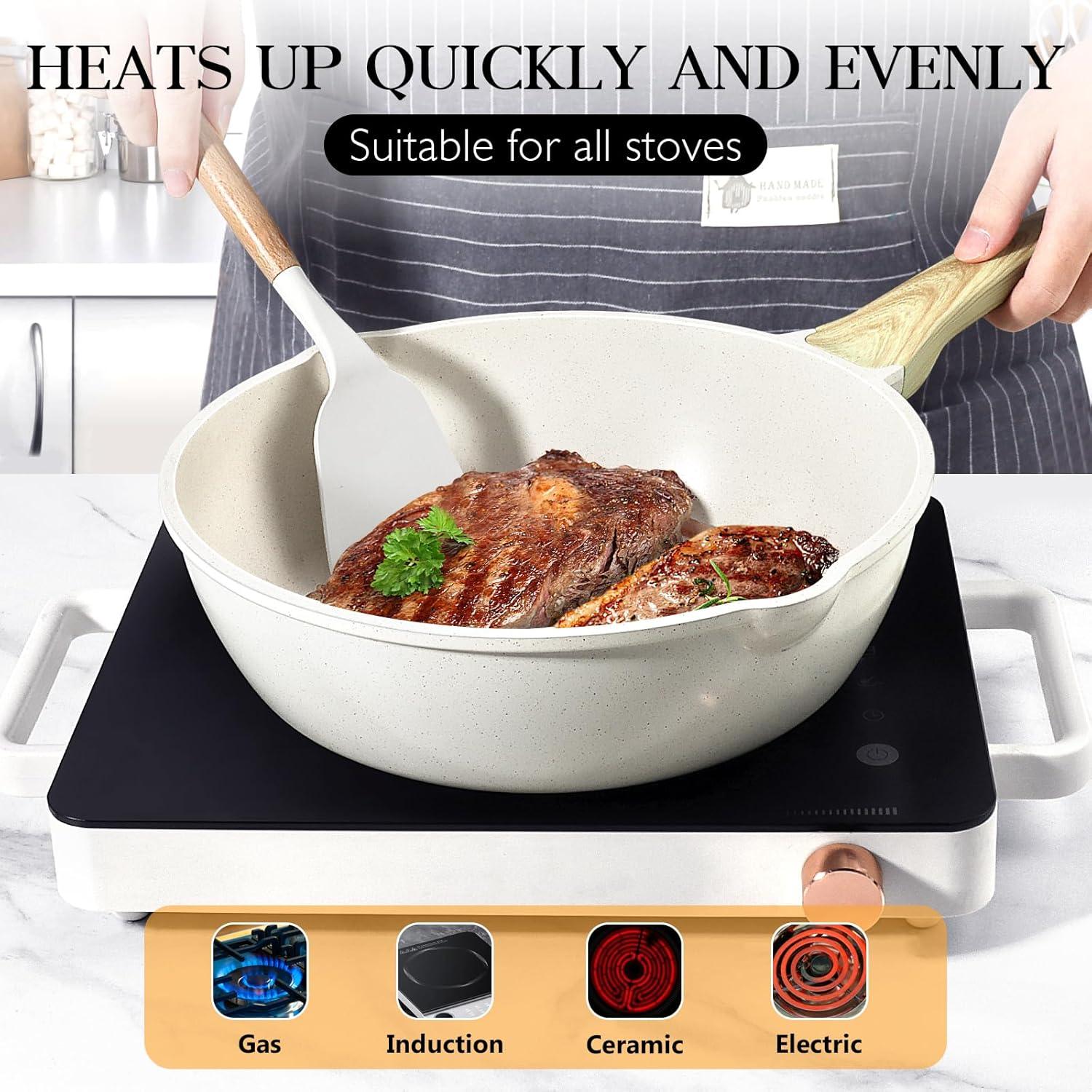 GiPP Nonstick Deep Frying Pan - 11 Inch Saute Pan with Lid Granite Induction Cookware, 4.5Qt Non Stick Woking Pan Skillet, PFOA PFOS APEO Free, Grey - GiPP Kitchenware