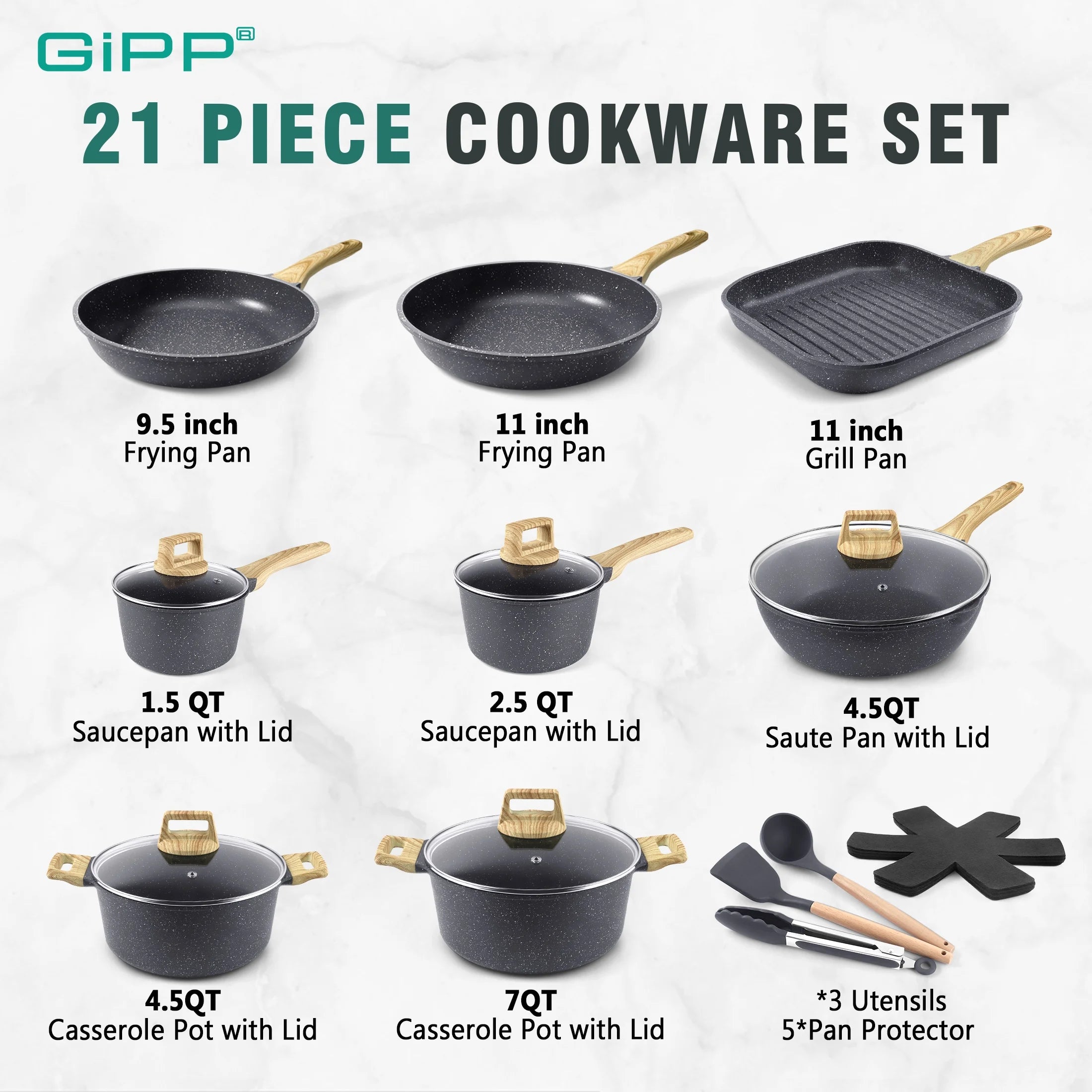 GiPP 22pcs Kitchen Cookware Sets, Ceramic Nonstick Pots and Pans Set,Dishwasher Safe Induction Cookware