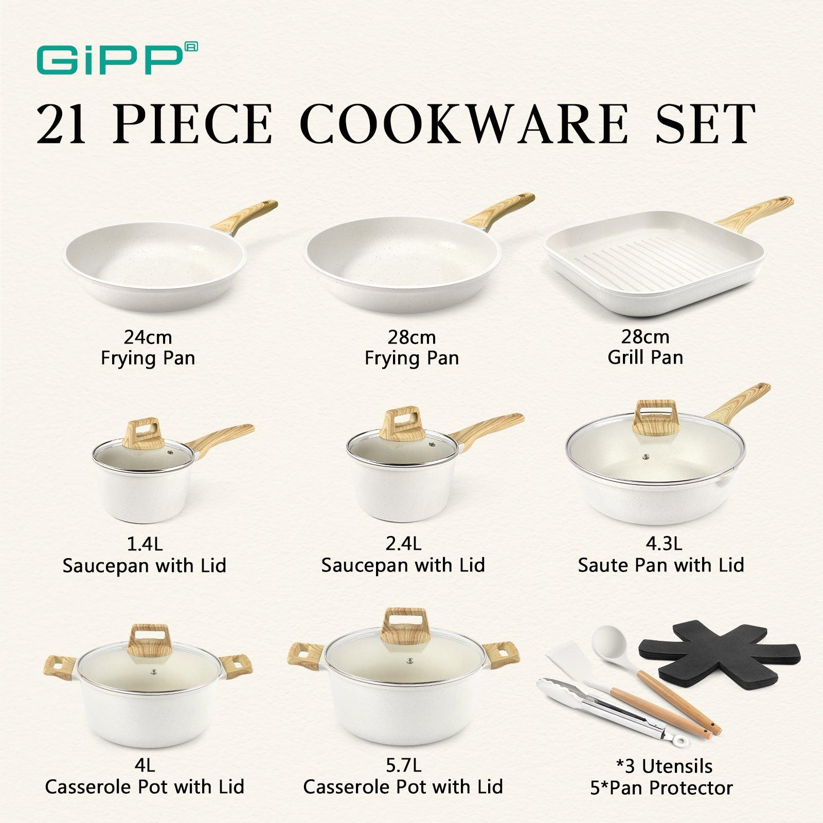 GiPP 21Psc Pots and Pans Set Non Stick - Grey Granite Kitchen Cookware Sets Nonstick Induction Cookware Non-toxic Cooking Pan Set with Silicone Utensils, PFOS and PFOA Free - GiPP Kitchenware