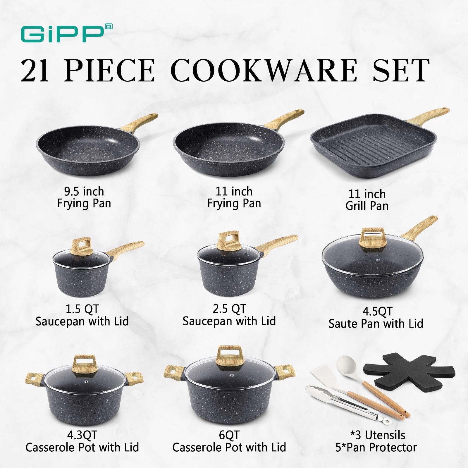 GiPP 21Psc Pots and Pans Set Non Stick - Grey Granite Kitchen Cookware Sets Nonstick Induction Cookware Non-toxic Cooking Pan Set with Silicone Utensils, PFOS and PFOA Free - GiPP Kitchenware