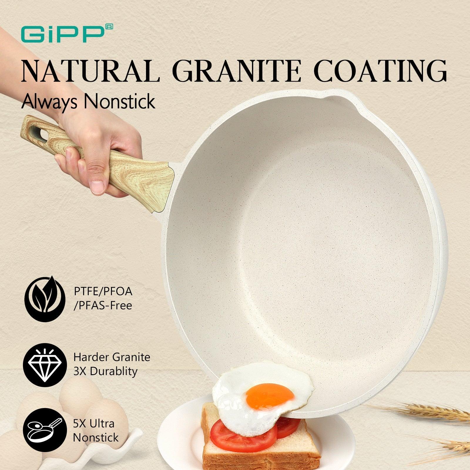 GiPP Nonstick Deep Frying Pan - 11 Inch Saute Pan with Lid Granite Induction Cookware, 4.5Qt Non Stick Working Pan Skillet, PFOA PFOS APEO Free, White - GiPP Kitchenware