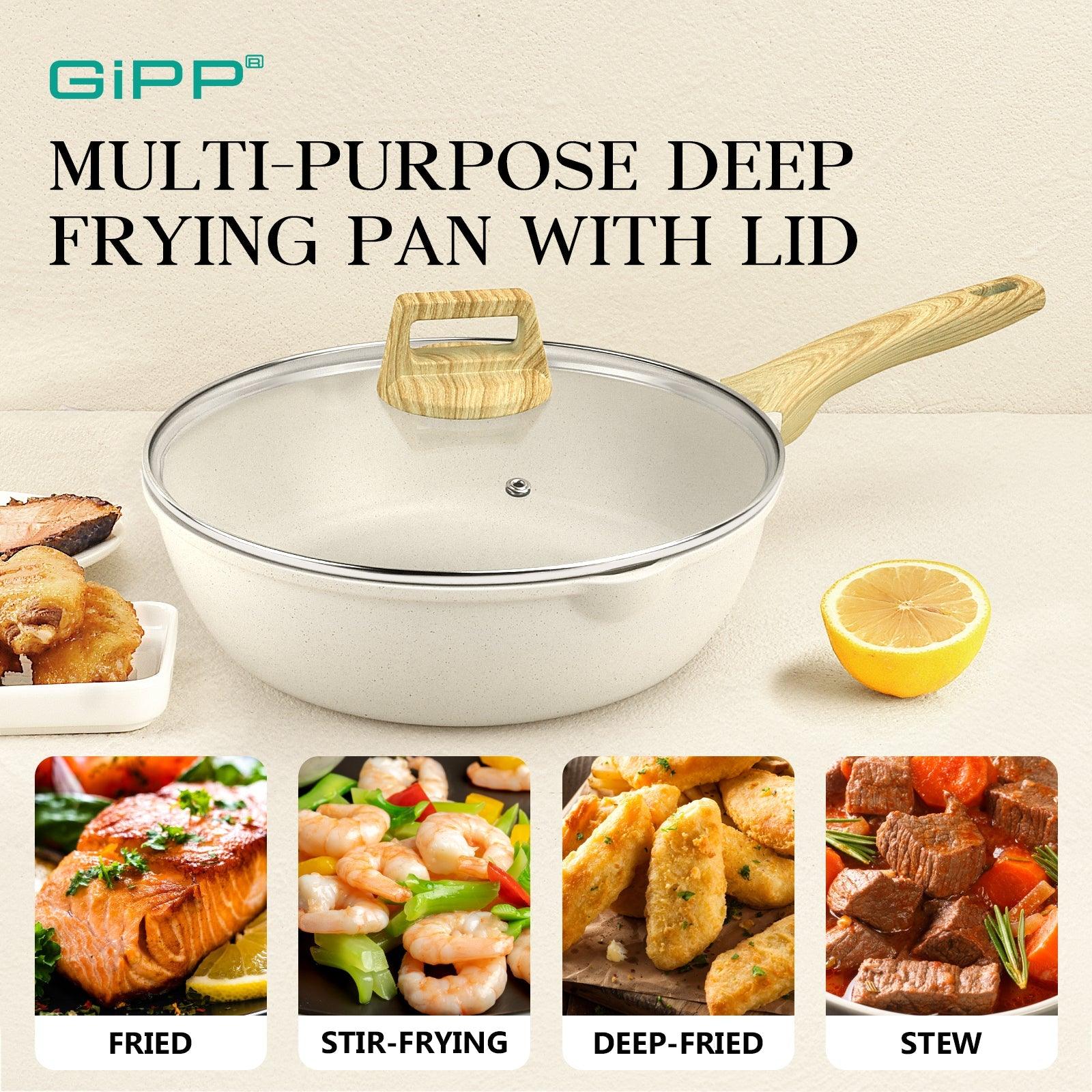 GiPP Nonstick Deep Frying Pan - 11 Inch Saute Pan with Lid Granite Induction Cookware, 4.5Qt Non Stick Working Pan Skillet, PFOA PFOS APEO Free, White - GiPP Kitchenware