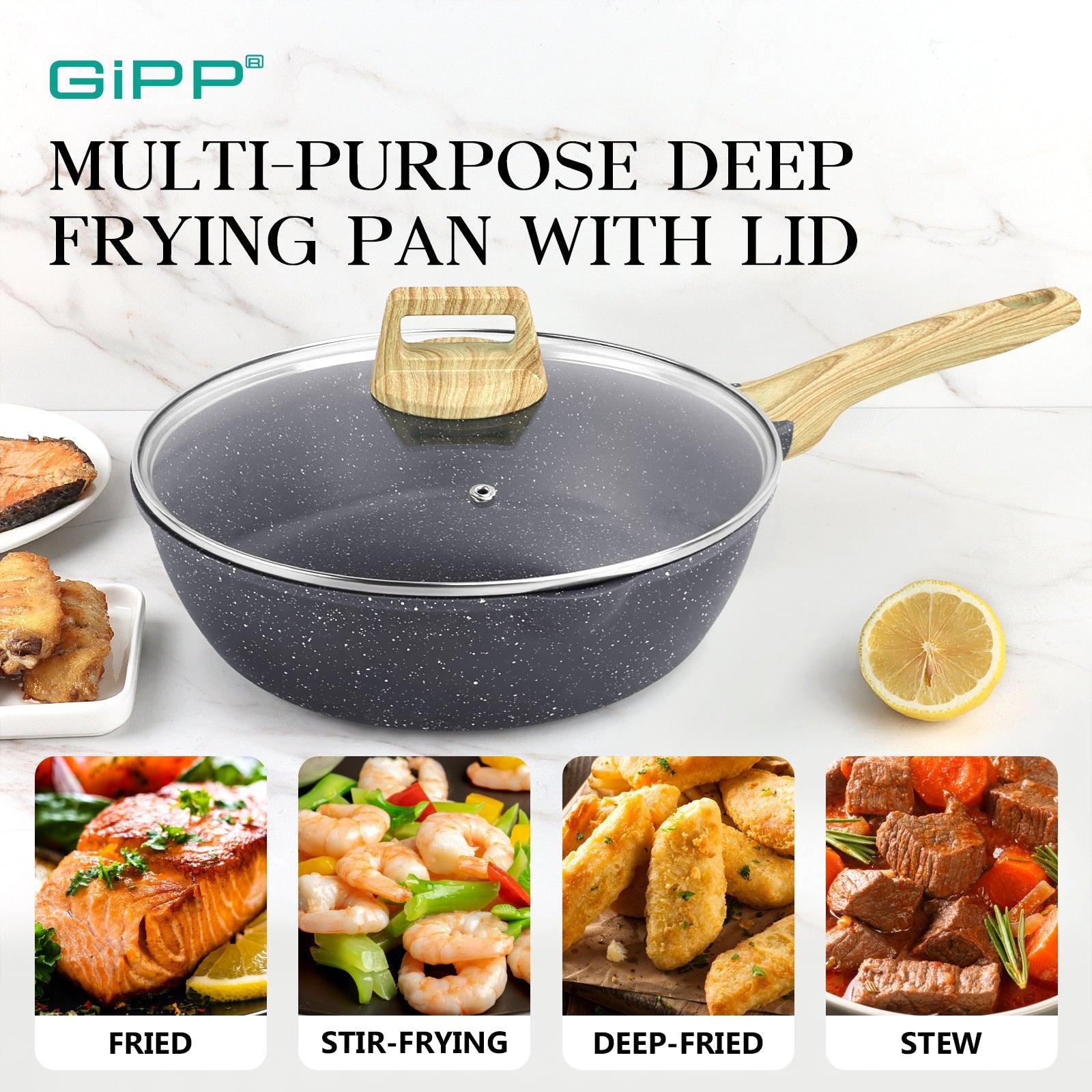 GiPP Nonstick Deep Frying Pan - 11 Inch Saute Pan with Lid Granite Induction Cookware, 4.5Qt Non Stick Working Pan Skillet, PFOA PFOS APEO Free, White - GiPP Kitchenware