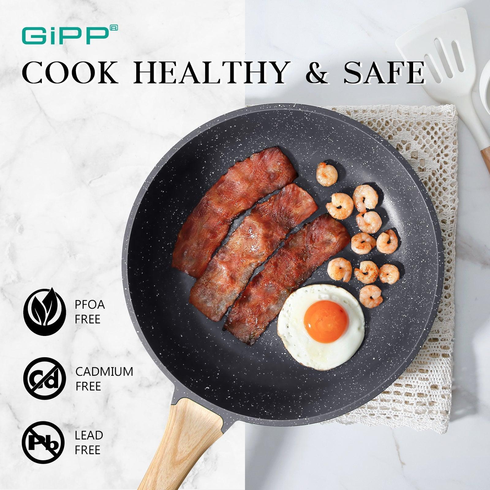 GiPP Nonstick Frying Pan Skillet with Lid- 8"/9.5"/11" Granite Non Stick Pans, Omelette Pan with Heat-Resistant Handle, Compatible with All Stovetops, PFOA Free - GiPP Kitchenware