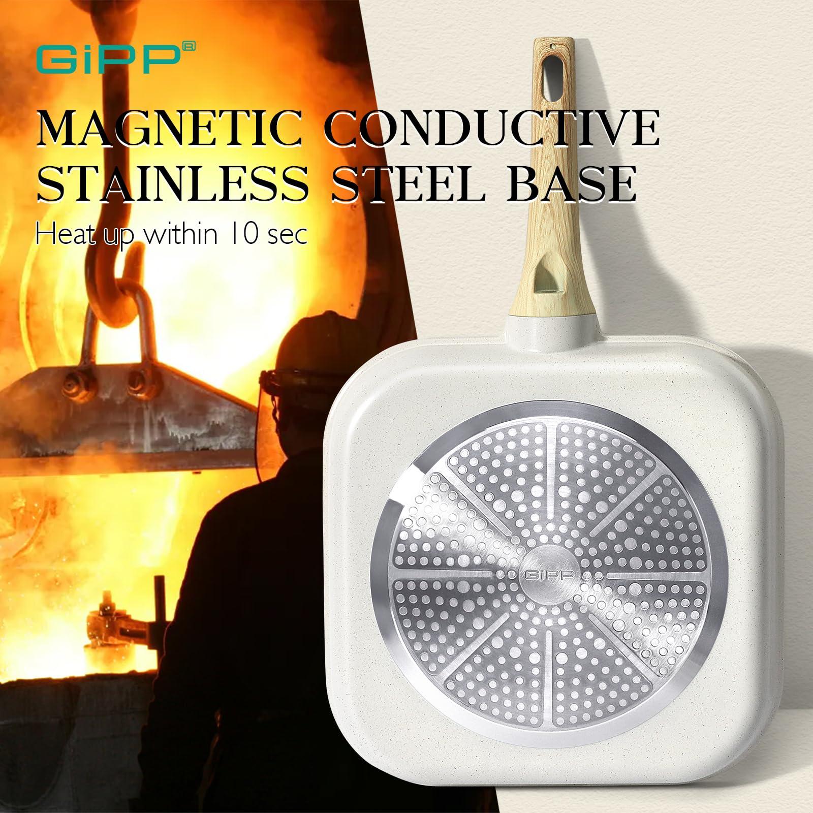 GiPP Nonstick Grill Pan for Stove Tops - 11 Inch Square Grilling Pan for Indoor Cooking & Outdoor Grilling, Non Stick Granite Grill Skillet Steak Pan, PFOA Free, Grey - GiPP Kitchenware