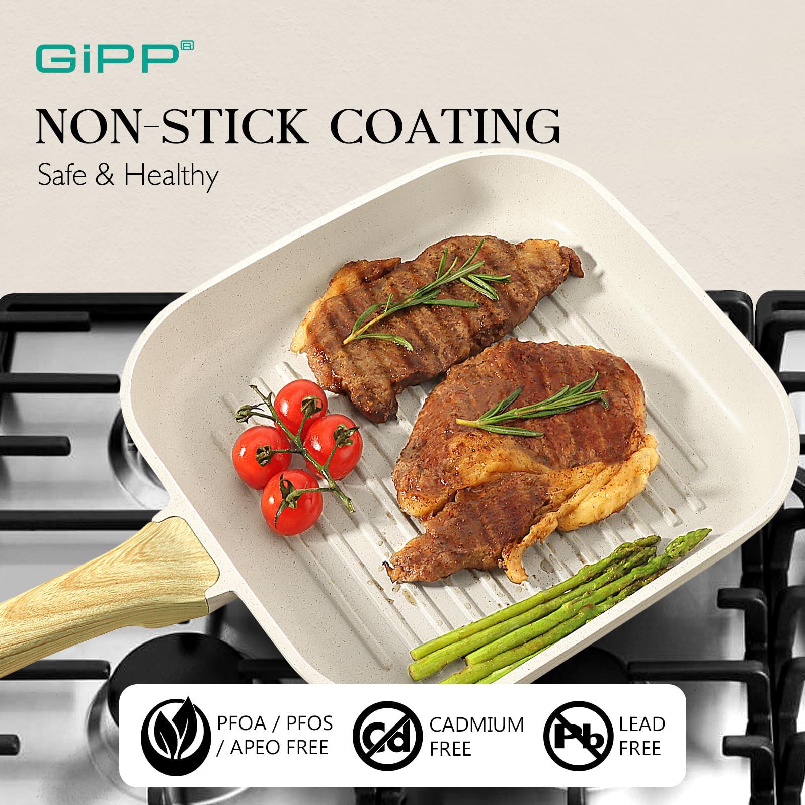 GiPP Nonstick Grill Pan for Stove Tops - 11 Inch Square Grilling Pan for Indoor Cooking & Outdoor Grilling, Non Stick Granite Grill Skillet Steak Pan, PFOA Free, Grey - GiPP Kitchenware