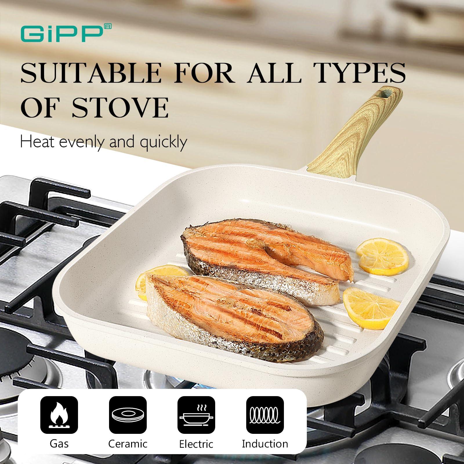 GiPP Nonstick Grill Pan for Stove Tops - 11 Inch Square Grilling Pan for Indoor Cooking & Outdoor Grilling, Non Stick Granite Grill Skillet Steak Pan, PFOA Free, Grey - GiPP Kitchenware