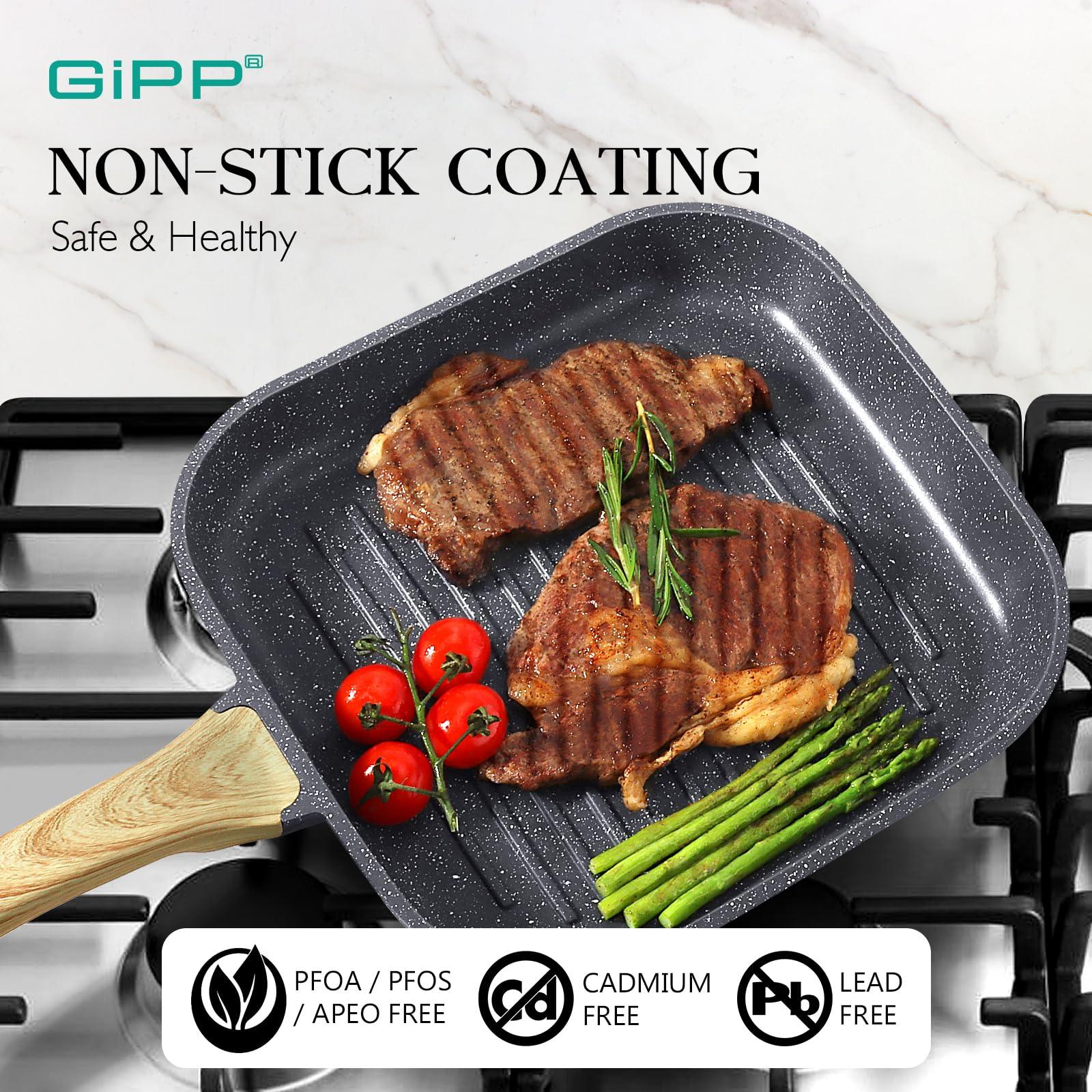 GiPP Nonstick Grill Pan for Stove Tops - 11 Inch Square Grilling Pan for Indoor Cooking & Outdoor Grilling, Non Stick Granite Grill Skillet Steak Pan, PFOA Free, Grey - GiPP Kitchenware