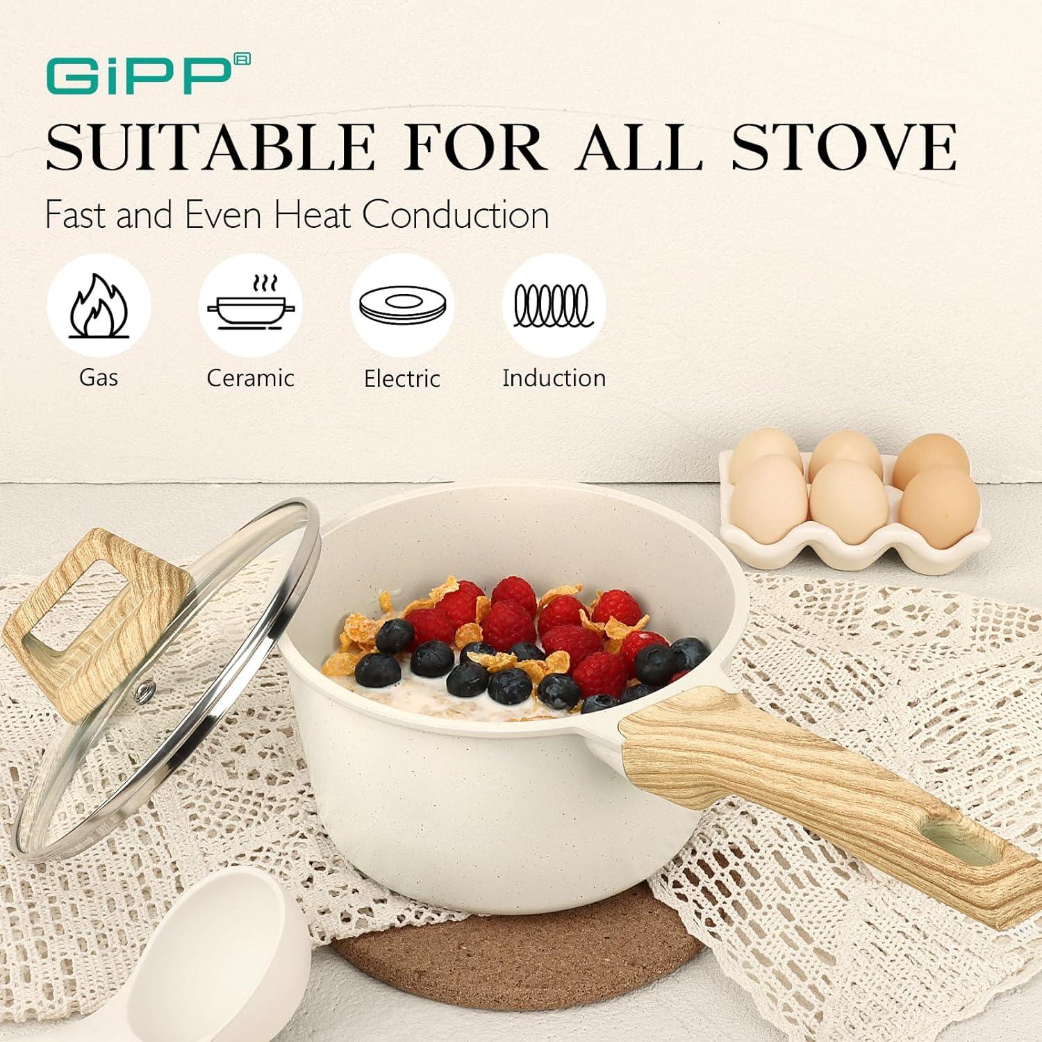 GiPP Nonstick Sauce Pan with Lid, 1.5QT/2.5QT/4QT Small Pot Non Stick Granite, Multipurpose Small Saucepan Small Kitchen Pots Induction Pot, PFOA Free - GiPP Kitchenware