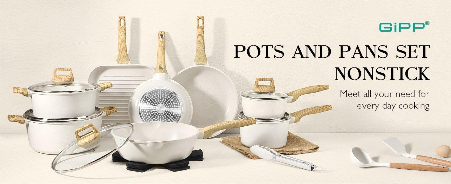 GiPP Pots and Pans Set Non Stick - 10 Pcs White Granite Kitchen Cookware Sets Nonstick Induction Cookware Cooking Pan Set with Frying Pans, Saucepans and Silicone Utensils, PFOS & PFOA Free - GiPP Kitchenware