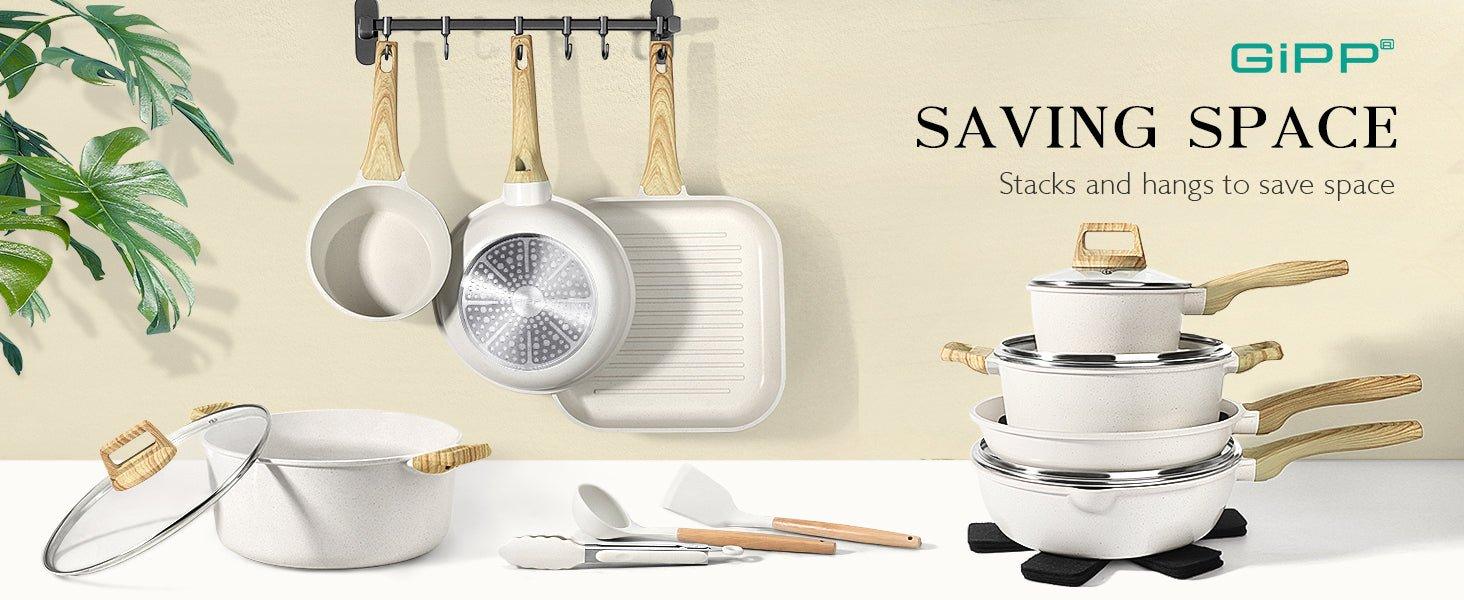 GiPP Pots and Pans Set Non Stick - 10 Pcs White Granite Kitchen Cookware Sets Nonstick Induction Cookware Cooking Pan Set with Frying Pans, Saucepans and Silicone Utensils, PFOS & PFOA Free - GiPP Kitchenware